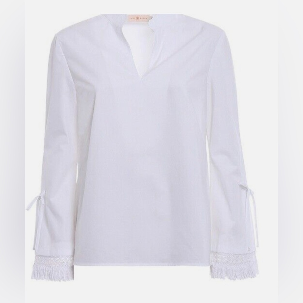 Tory Burch Sophie Women's Blouse Size 0 White Cotton Fringe Sleeve Tunic Top